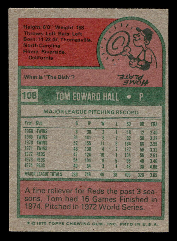 1975 Topps Mini #108 Tom Hall Ex-Mint MINI 