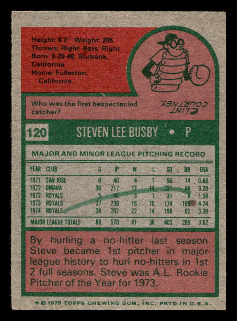 1975 Topps Mini #120 Steve Busby Ex-Mint MINI  ID: 513494