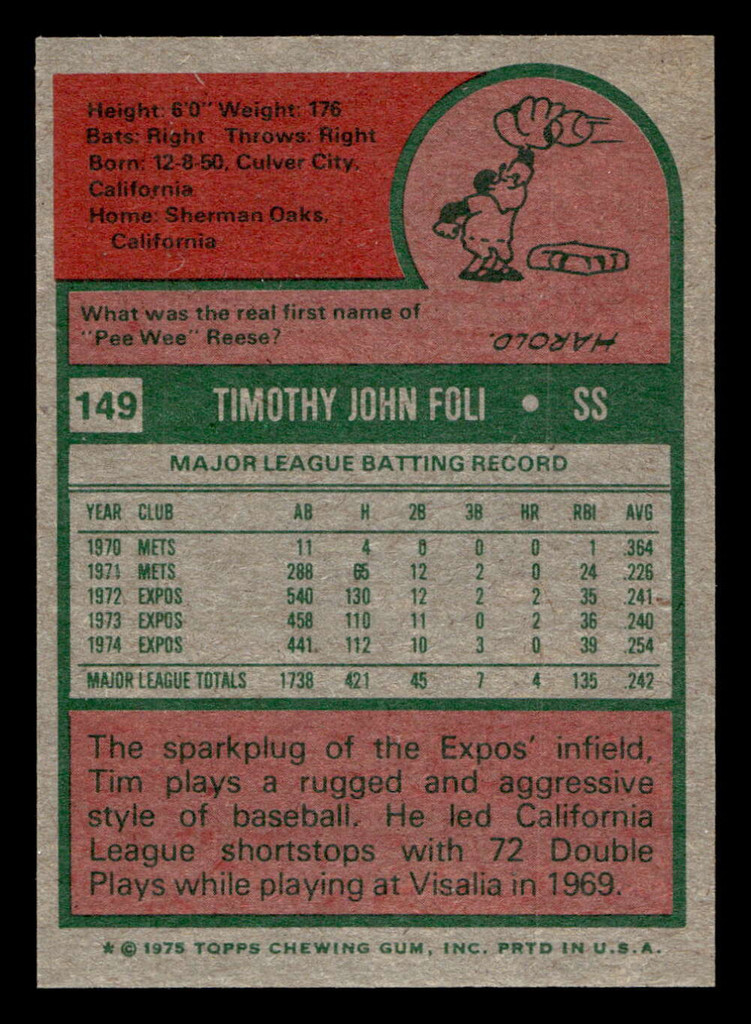 1975 Topps Mini #149 Tim Foli Near Mint+ MINI 