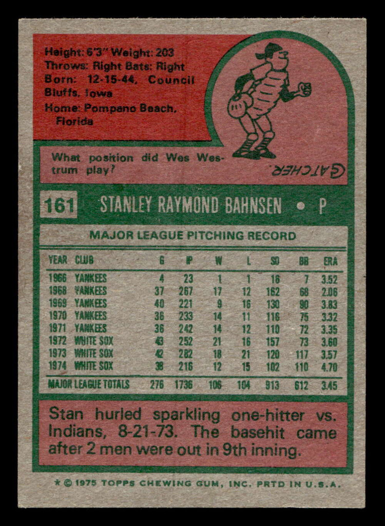 1975 Topps Mini #161 Stan Bahnsen Ex-Mint MINI 