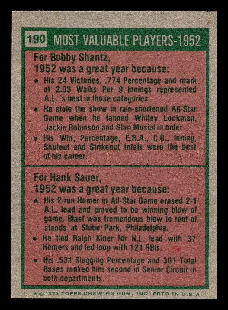 1975 Topps Mini #190 1952 's Bobby Shantz/Hank Sauer MVP Near Mint MINI  ID: 513613