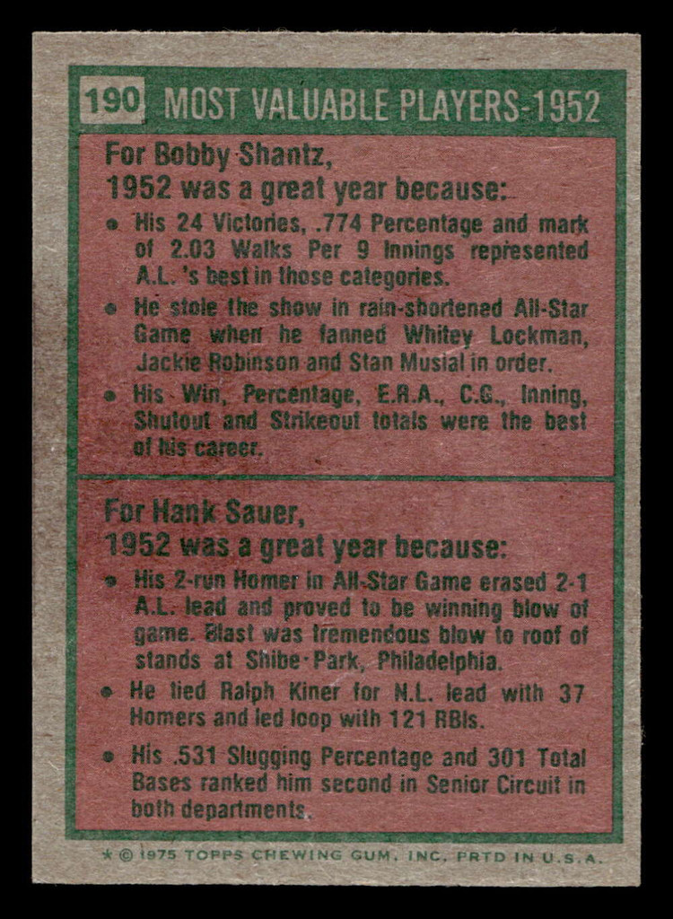 1975 Topps Mini #190 1952 's Bobby Shantz/Hank Sauer MVP Ex-Mint MINI  ID: 513614