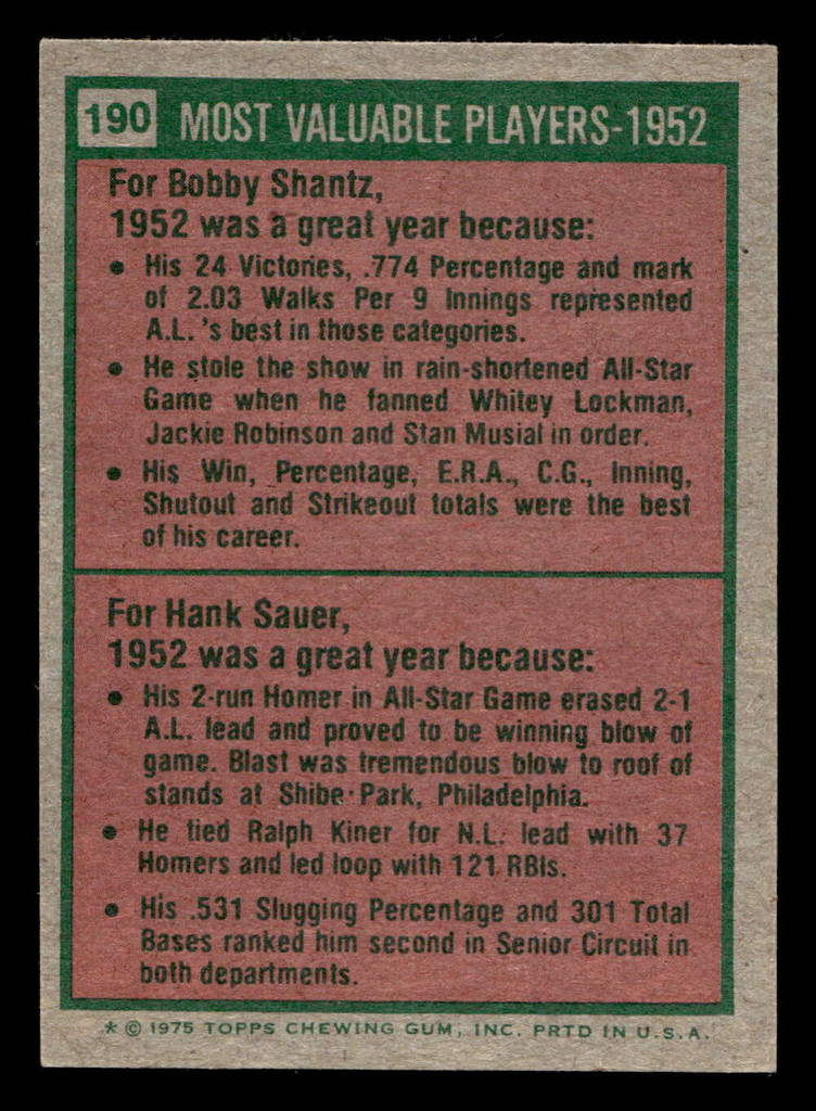 1975 Topps Mini #190 1952 's Bobby Shantz/Hank Sauer MVP Ex-Mint MINI  ID: 513615