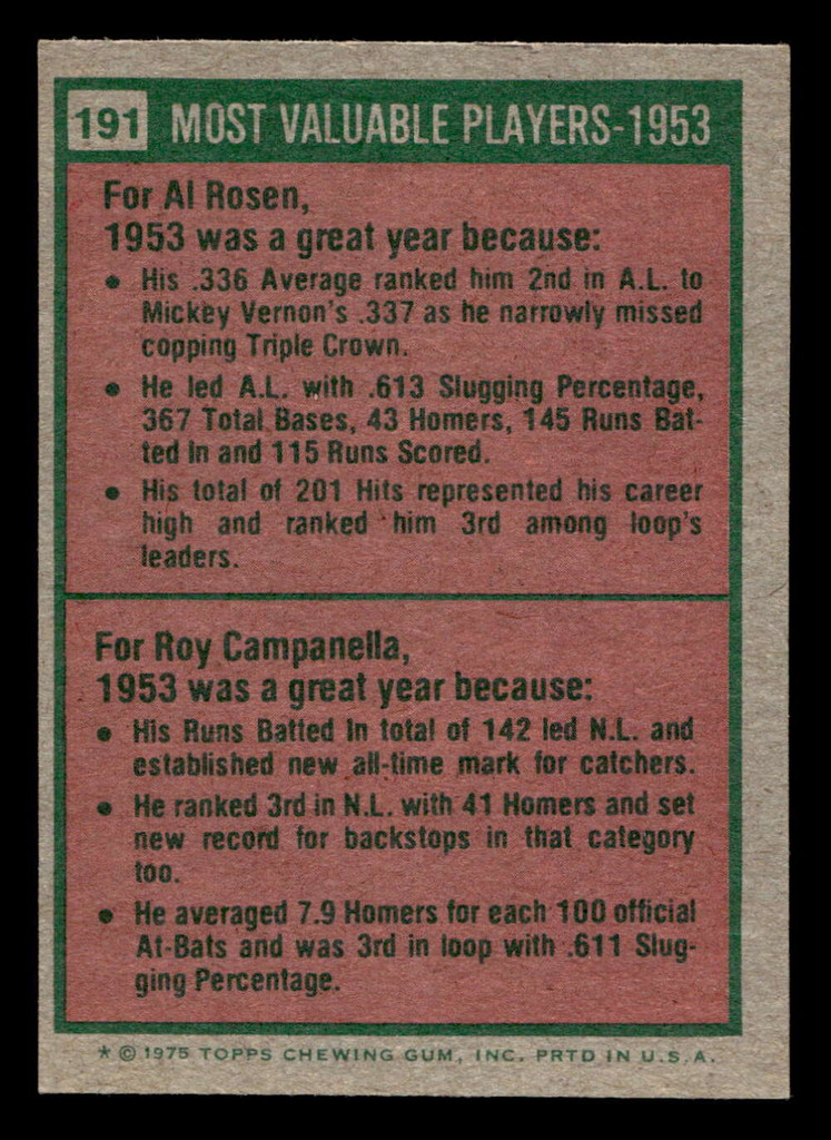 1975 Topps Mini #191 1953 's Al Rosen/Roy Campanella MVP Near Mint MINI  ID: 513616