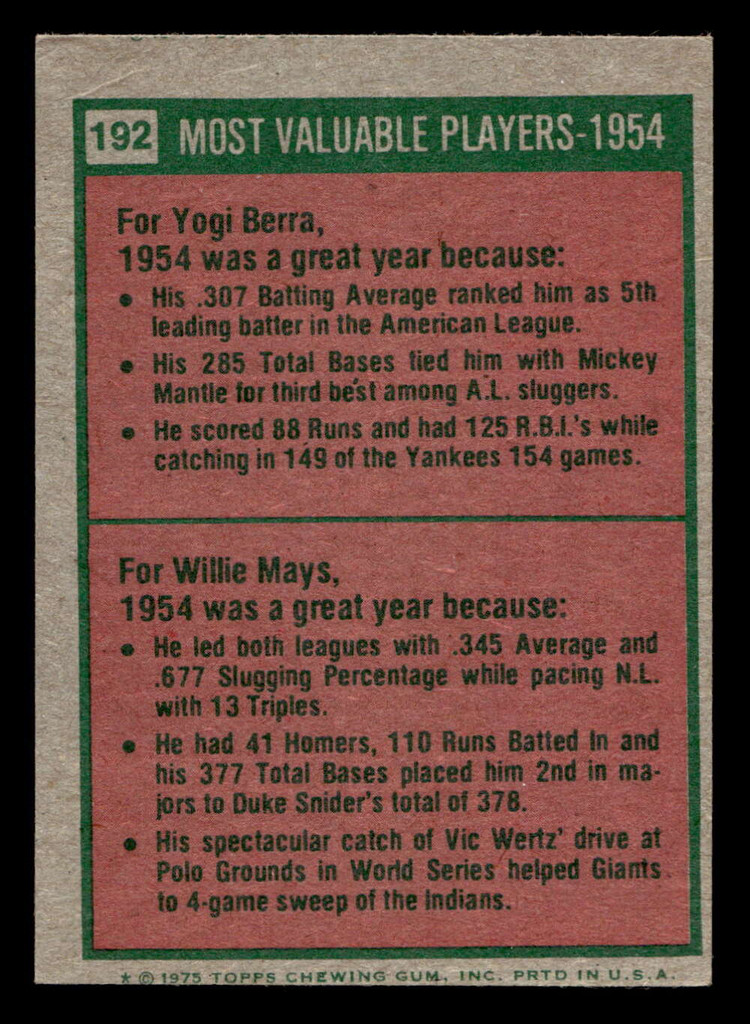 1975 Topps Mini #192 1954 's Yogi Berra/Willie Mays MVP Very Good MINI 