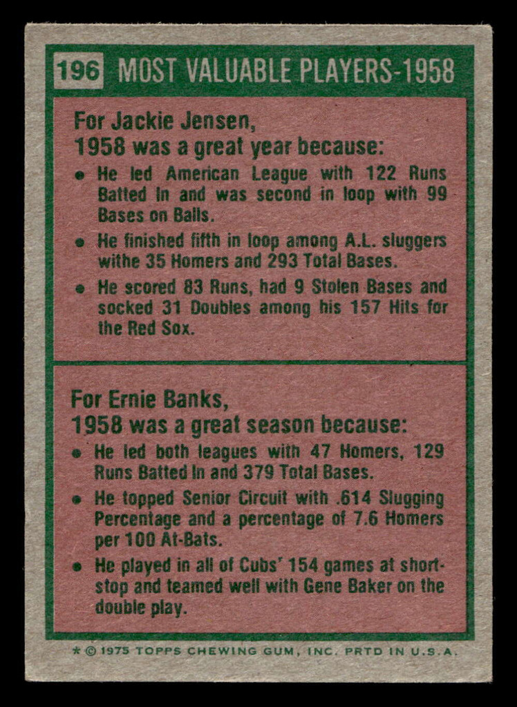 1975 Topps Mini #196 1958 's Jackie Jensen/Ernie Banks MVP Excellent+ MINI  ID: 513628