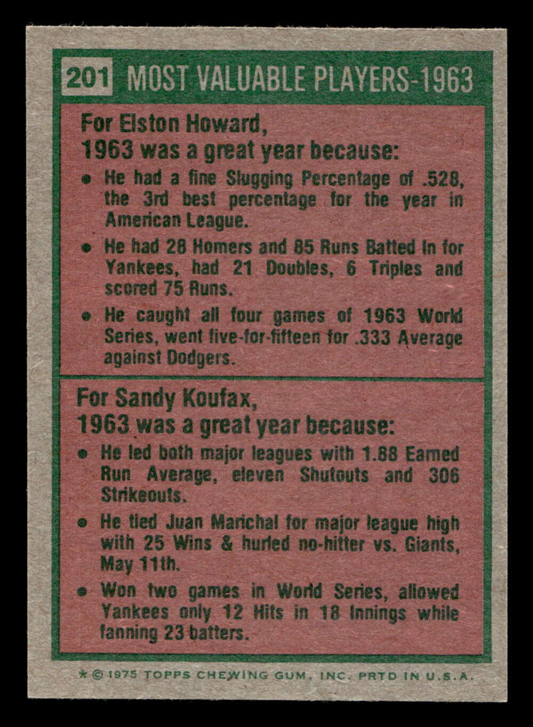 1975 Topps Mini #201 1963 's Elston Howard/Sandy Koufax MVP Ex-Mint MINI 