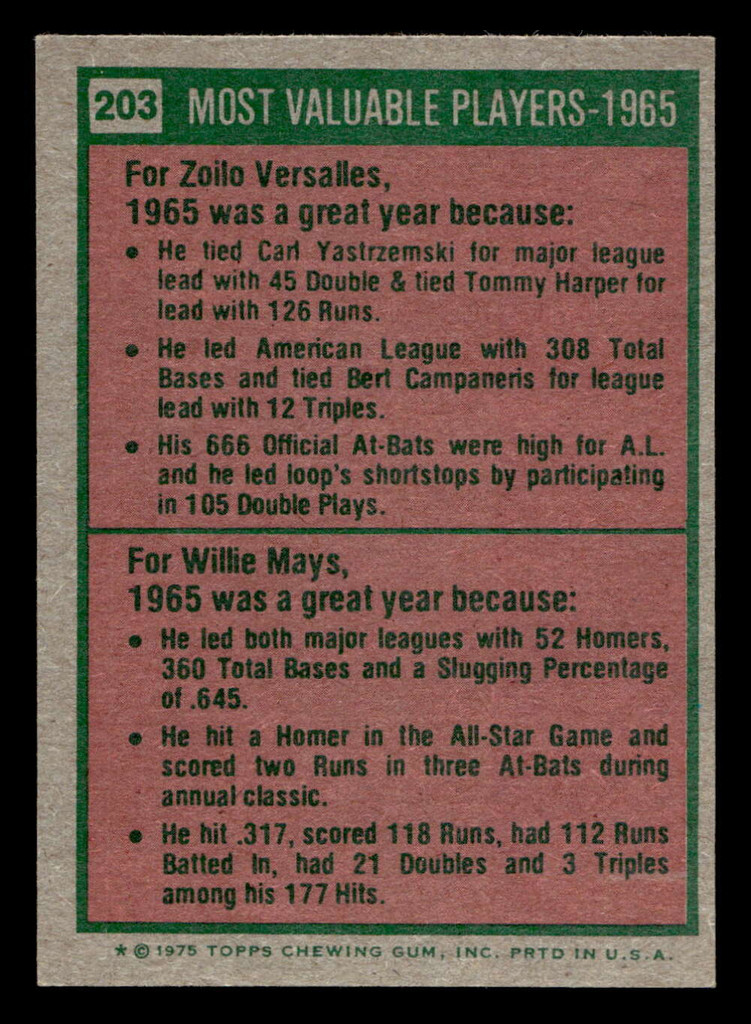 1975 Topps Mini #203 1965 's Zoilo Versalles/Willie Mays MVP Ex-Mint MINI  ID: 513643