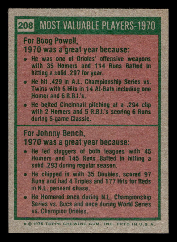 1975 Topps Mini #208 1970 's Boog Powell/Johnny Bench MVP Near Mint MINI  ID: 513650