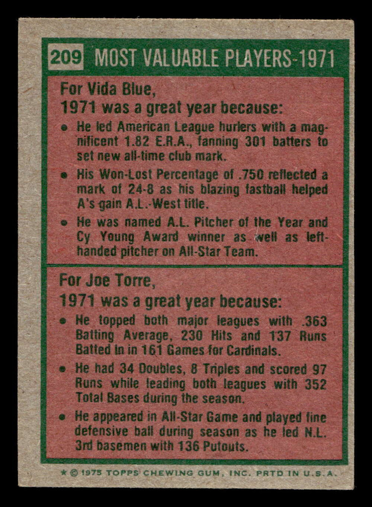 1975 Topps Mini #209 1971 's Vida Blue/Joe Torre MVP Ex-Mint MINI 