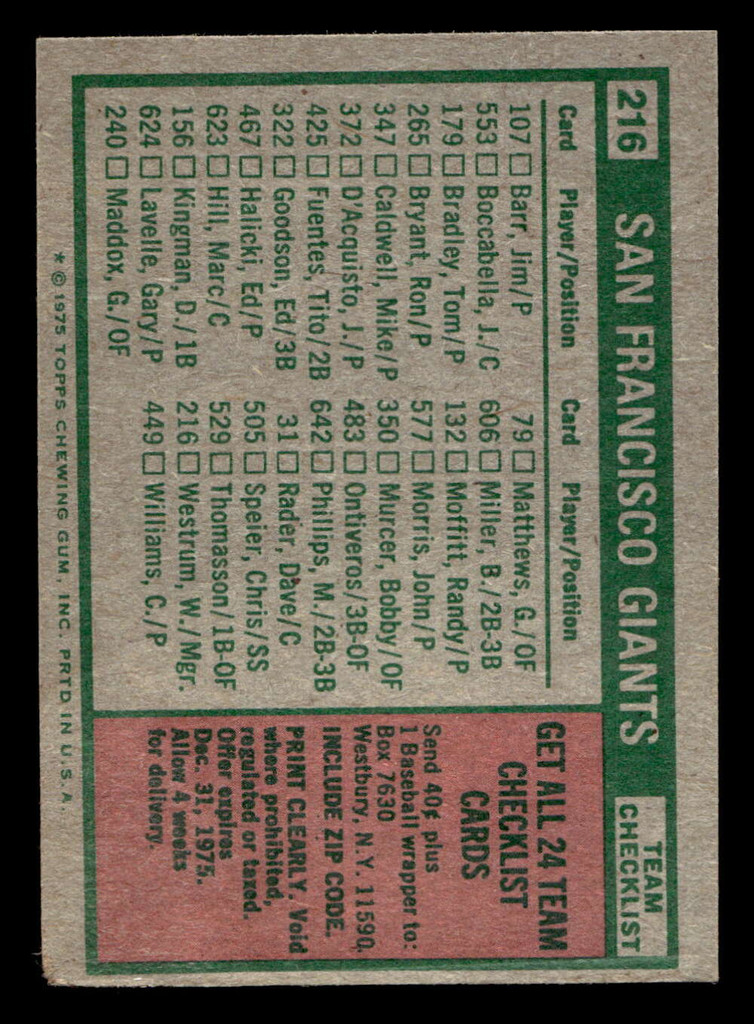 1975 Topps Mini #216 Wes Westrum MG Poor MINI 