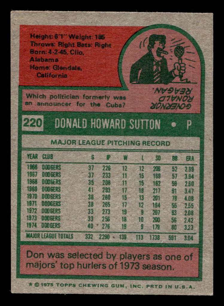 1975 Topps Mini #220 Don Sutton Excellent+ MINI  ID: 513678