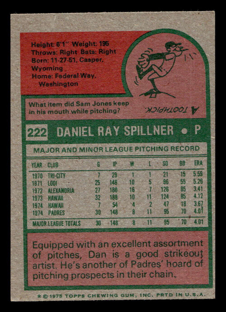 1975 Topps Mini #222 Dan Spillner Ex-Mint RC Rookie MINI  ID: 513683