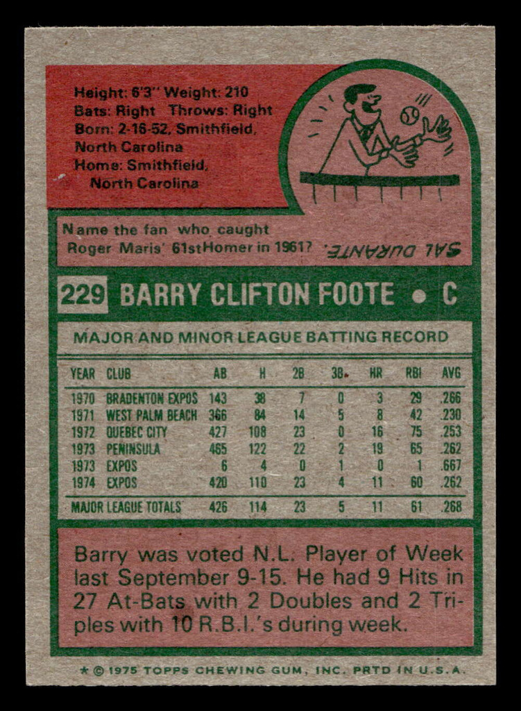 1975 Topps Mini #229 Barry Foote Ex-Mint MINI 