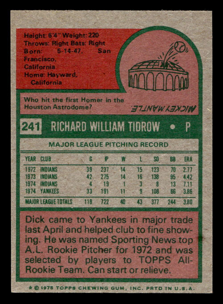 1975 Topps Mini #241 Dick Tidrow Very Good MINI 