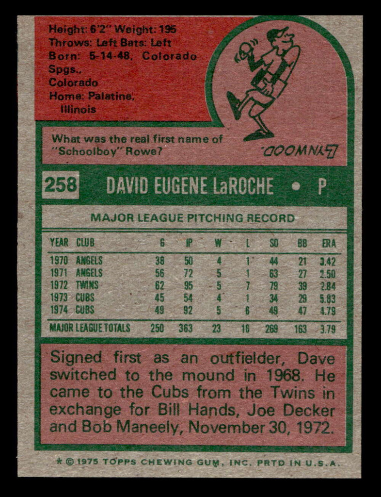 1975 Topps Mini #258 Dave LaRoche Near Mint MINI  ID: 513742