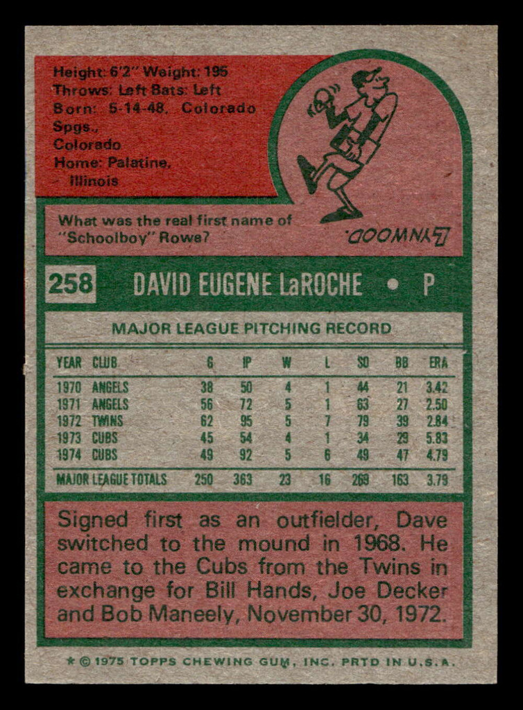 1975 Topps Mini #258 Dave LaRoche Near Mint MINI  ID: 513743