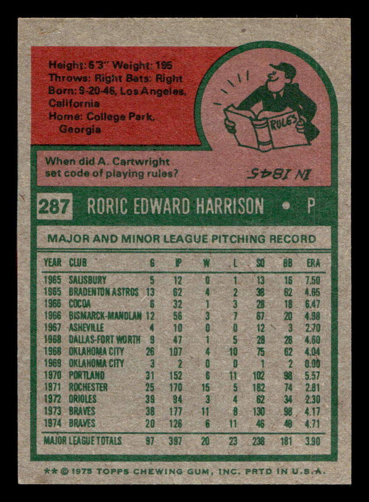 1975 Topps Mini #287 Roric Harrison Ex-Mint MINI 