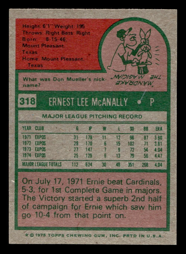 1975 Topps Mini #318 Ernie McAnally Near Mint MINI  ID: 513795