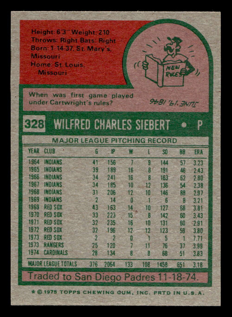 1975 Topps Mini #328 Sonny Siebert Near Mint MINI  ID: 513809