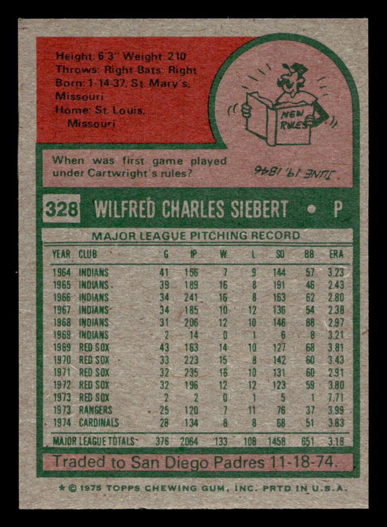 1975 Topps Mini #328 Sonny Siebert Near Mint MINI  ID: 513810