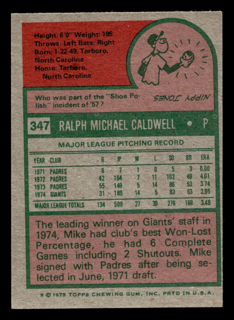 1975 Topps Mini #347 Mike Caldwell Ex-Mint MINI 