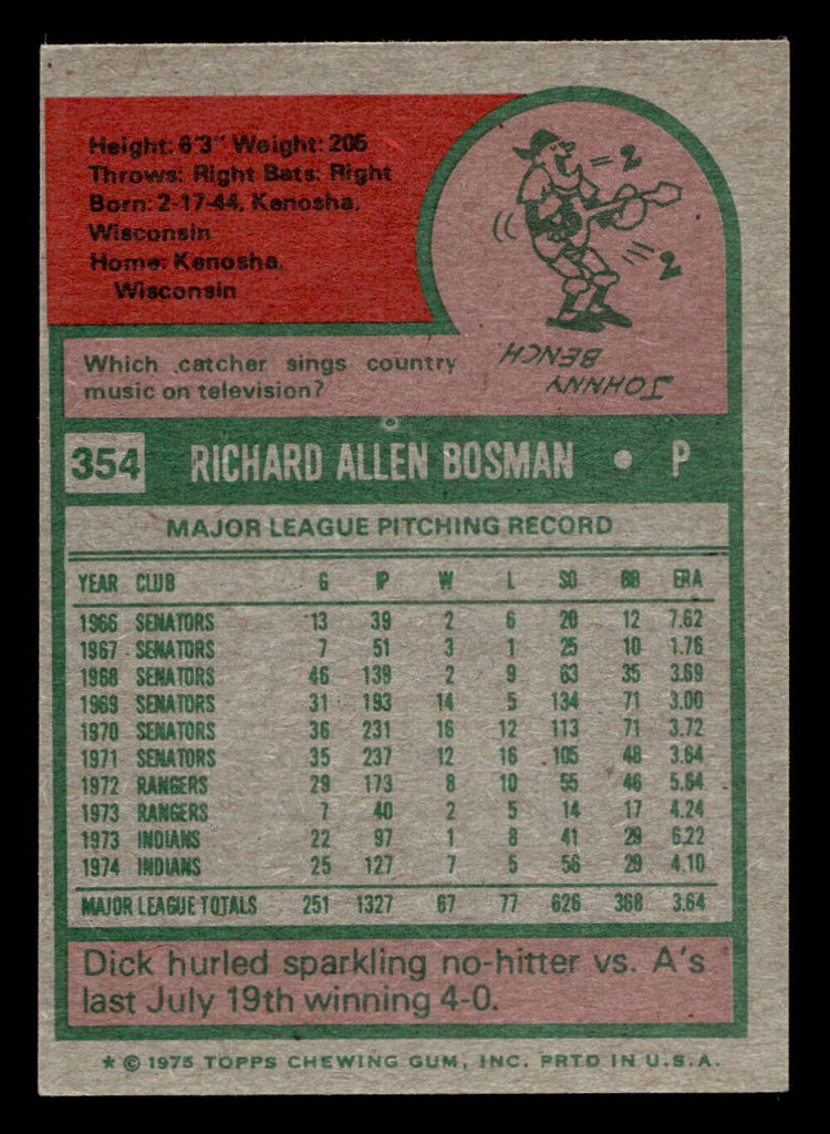 1975 Topps Mini #354 Dick Bosman Ex-Mint MINI 