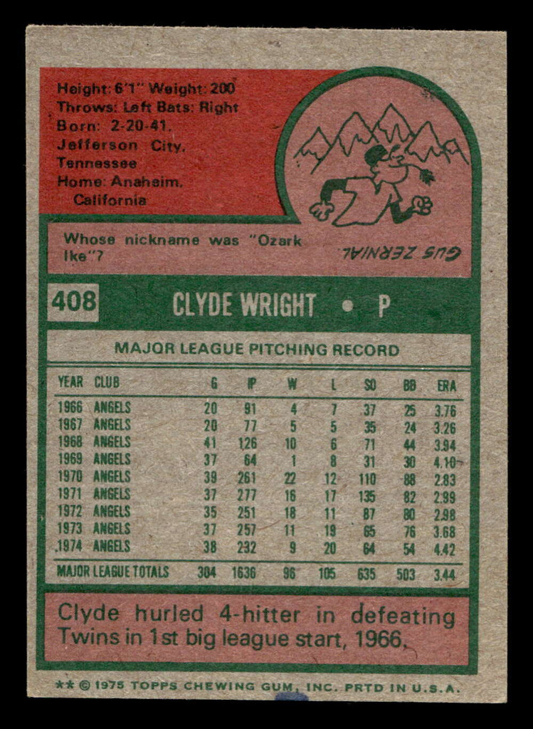 1975 Topps Mini #408 Clyde Wright Excellent+ MINI 