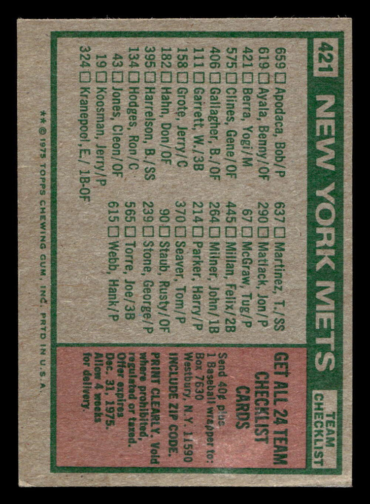 1975 Topps Mini #421 Yogi Berra TC MG Excellent MINI 