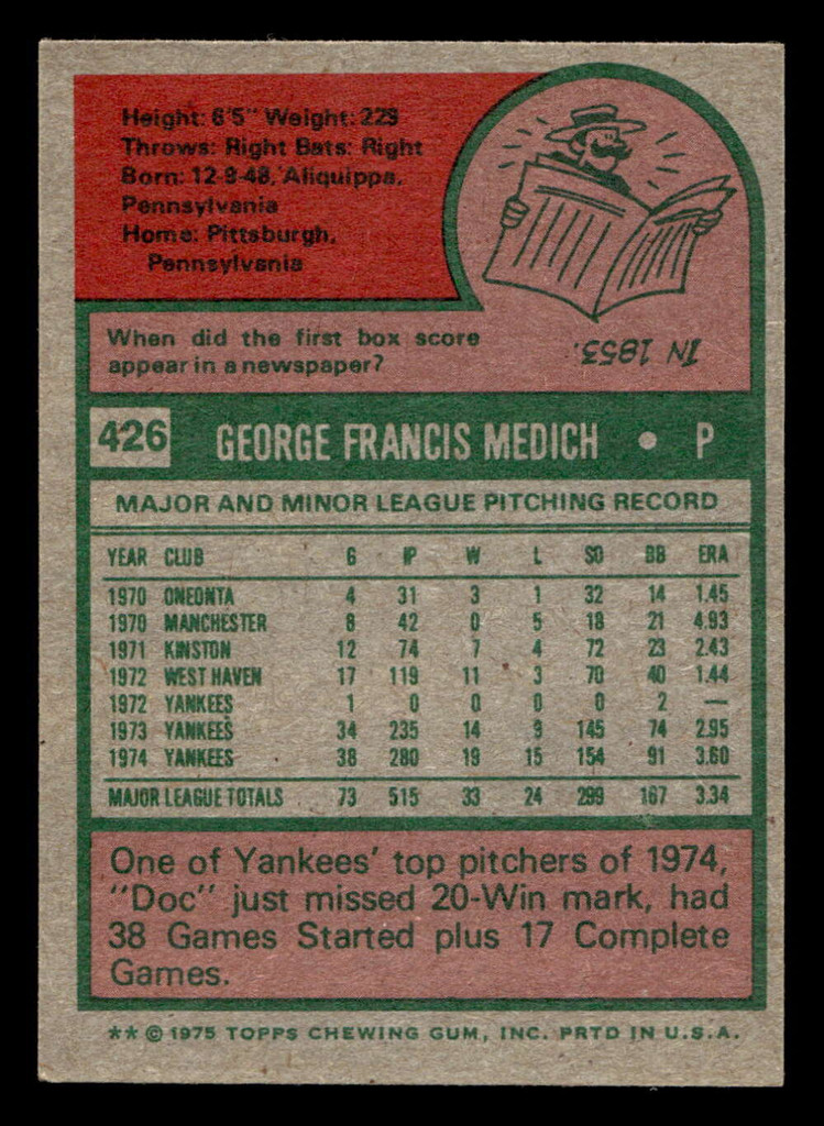 1975 Topps Mini #426 Doc Medich Ex-Mint MINI 