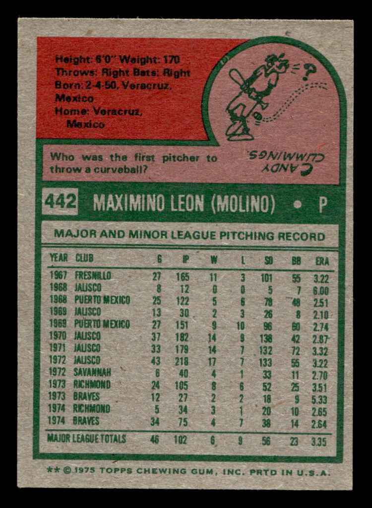 1975 Topps Mini #442 Maximino Leon Ex-Mint RC Rookie MINI 