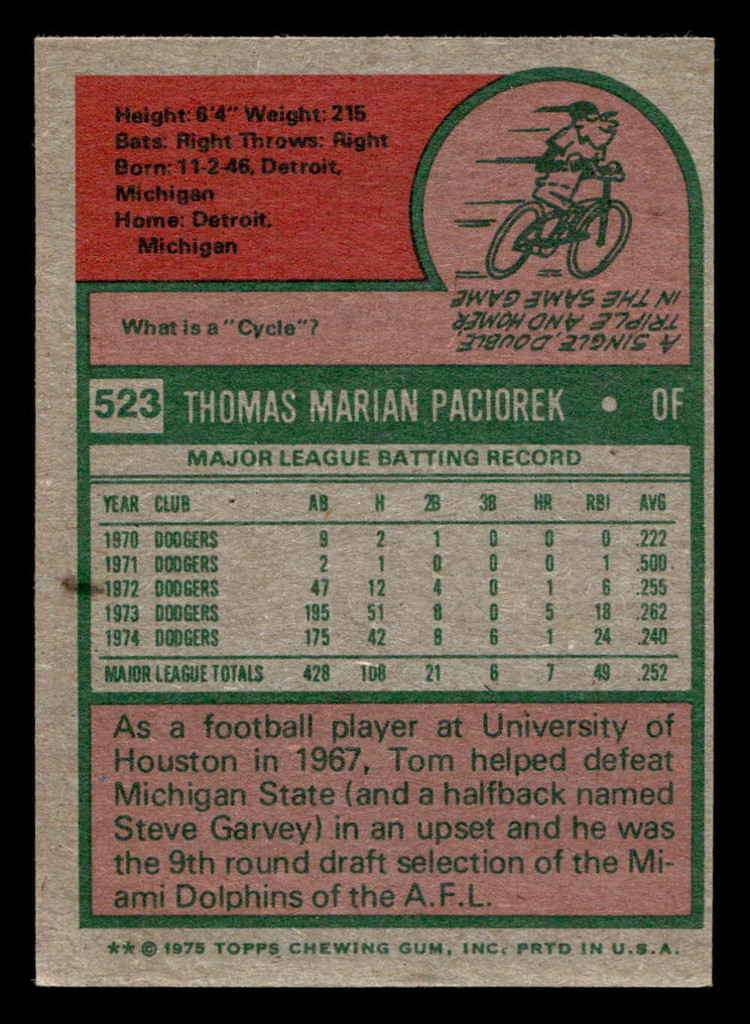 1975 Topps Mini #523 Tom Paciorek Ex-Mint MINI 