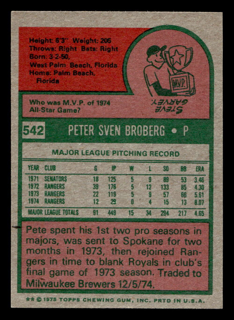 1975 Topps Mini #542 Pete Broberg Ex-Mint MINI 
