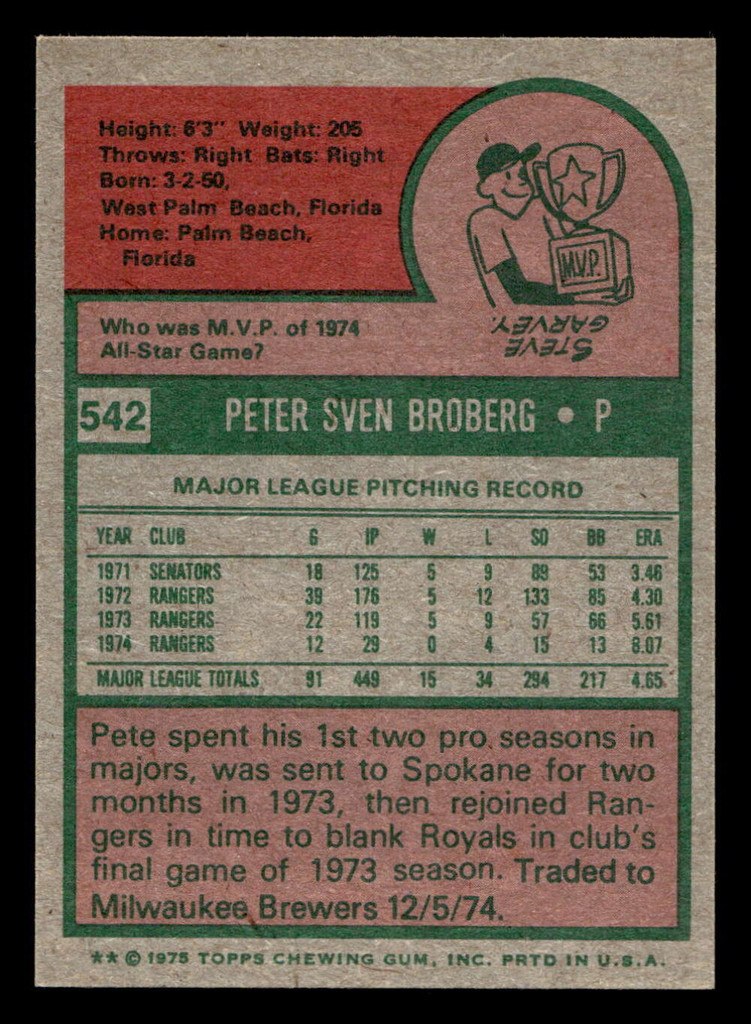 1975 Topps Mini #542 Pete Broberg Near Mint MINI  ID: 514009