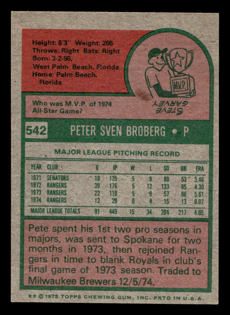 1975 Topps Mini #542 Pete Broberg Near Mint MINI  ID: 514010