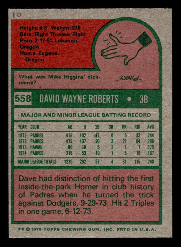 1975 Topps Mini #558 Dave Roberts Near Mint MINI 