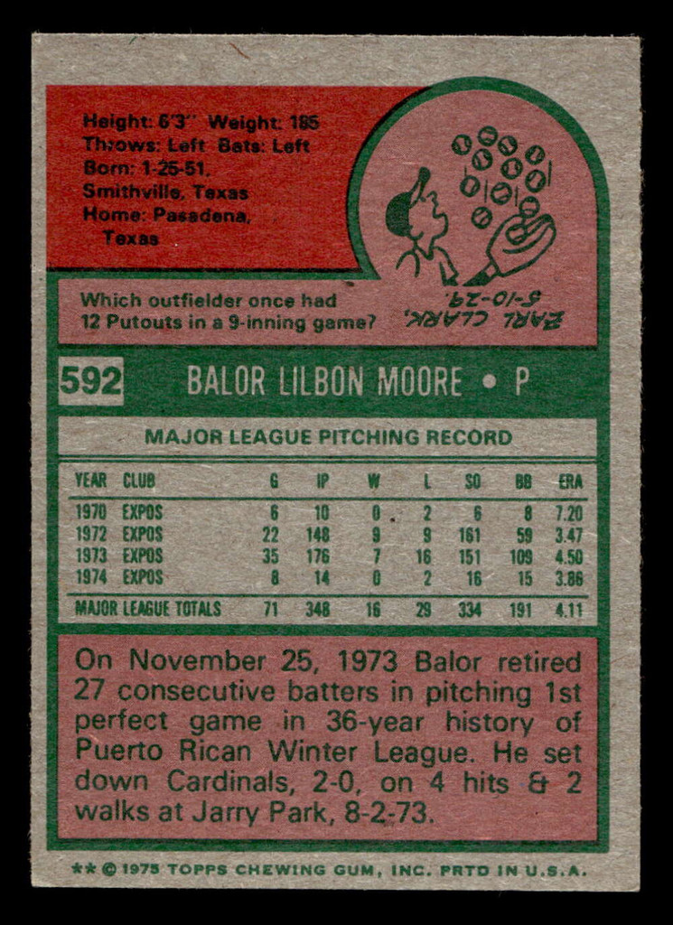 1975 Topps Mini #592 Balor Moore Ex-Mint MINI  ID: 514098