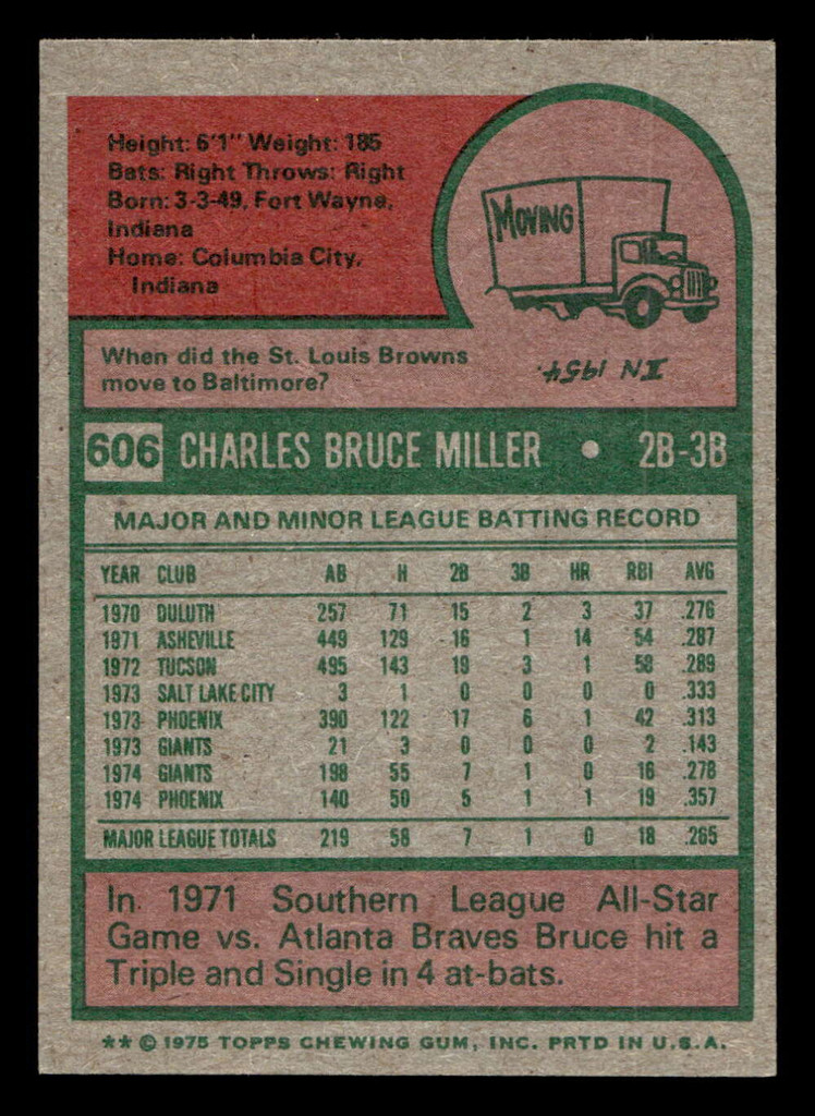 1975 Topps Mini #606 Bruce Miller Ex-Mint RC Rookie MINI 