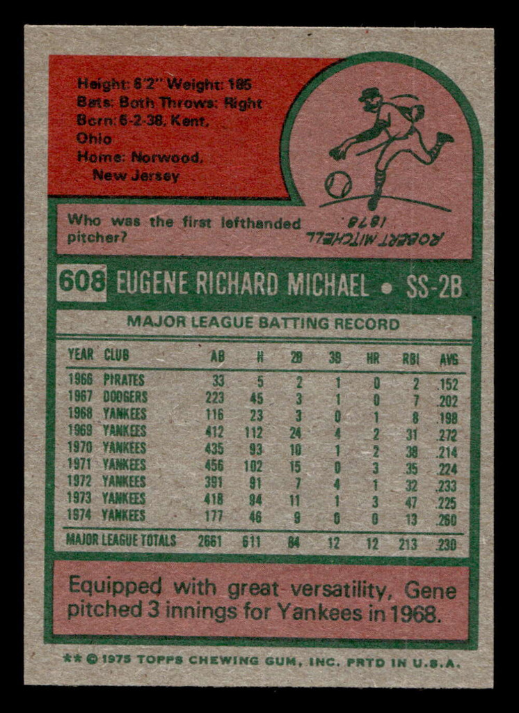 1975 Topps Mini #608 Gene Michael Near Mint MINI  ID: 514123