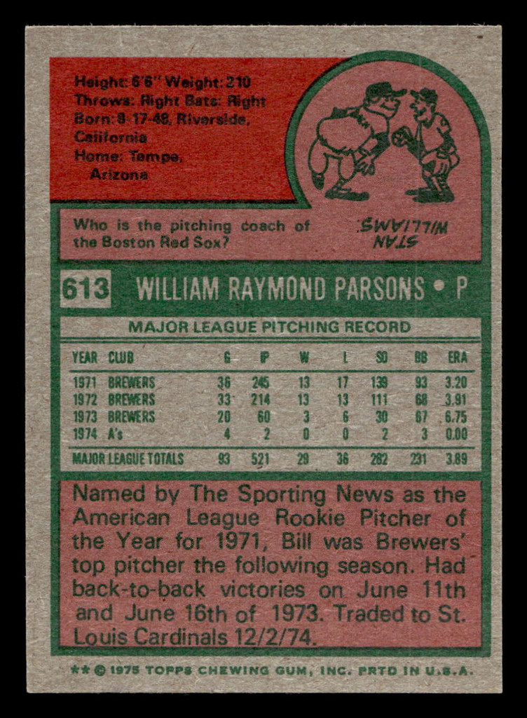 1975 Topps Mini #613 Bill Parsons Near Mint MINI  ID: 514134