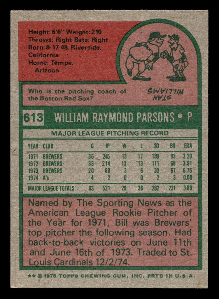 1975 Topps Mini #613 Bill Parsons Near Mint MINI  ID: 514135