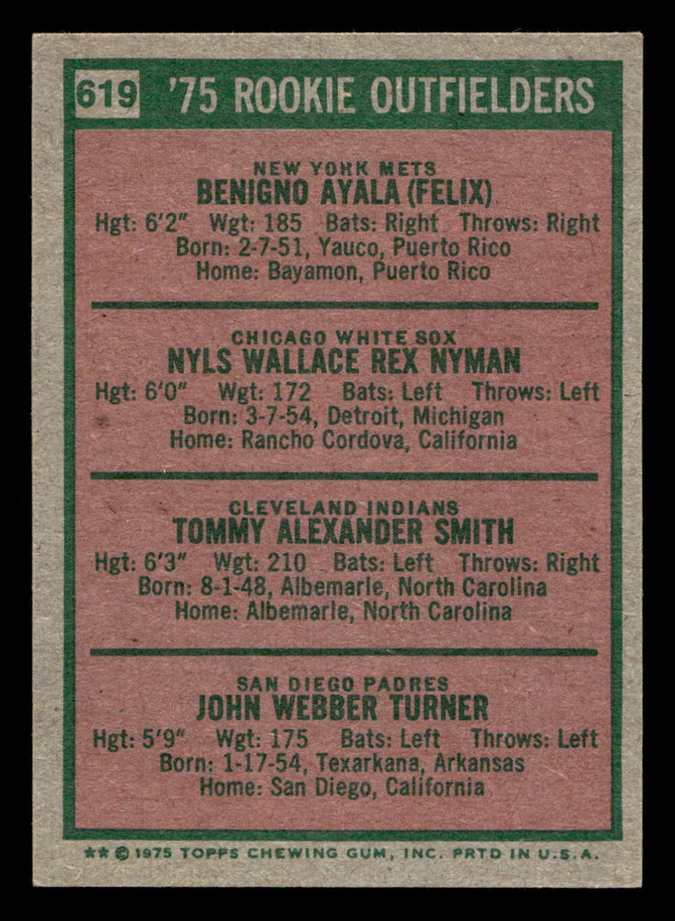 1975 Topps Mini #619 Benny Ayala/Nyls Nyman/Tommy Smith/Jerry Turner Ex-Mint RC Rookie MINI  ID: 514142