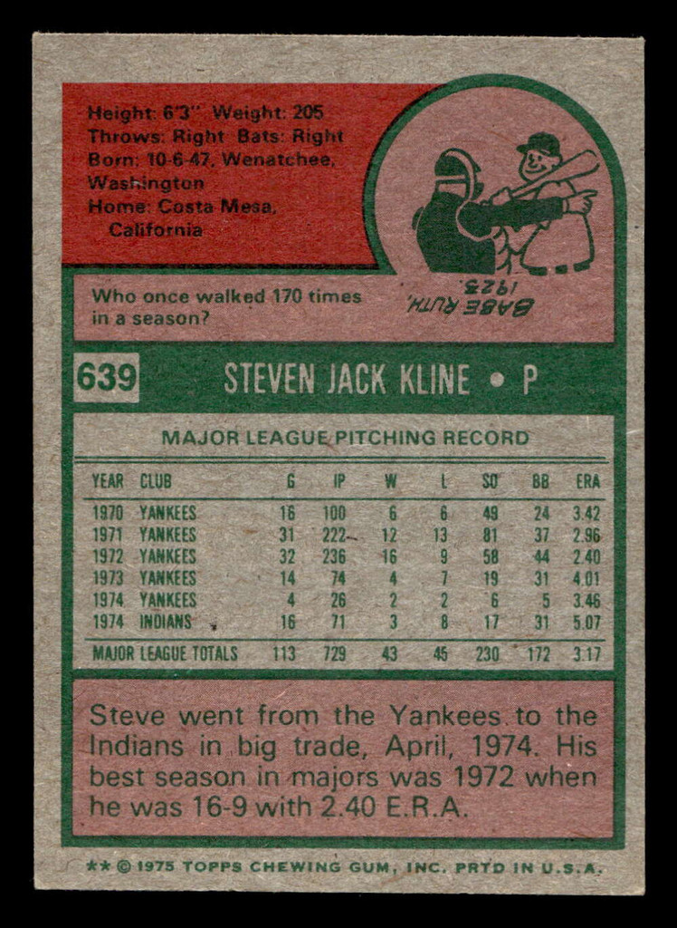 1975 Topps Mini #639 Steve Kline Ex-Mint MINI  ID: 514186