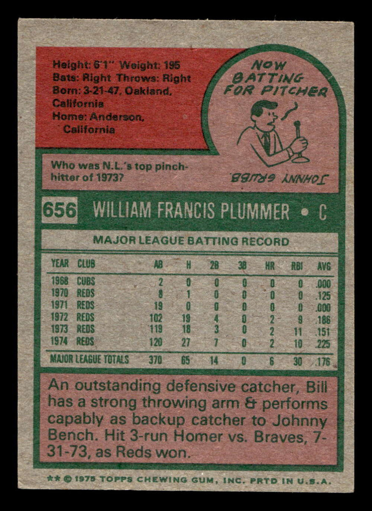 1975 Topps Mini #656 Bill Plummer Ex-Mint MINI 