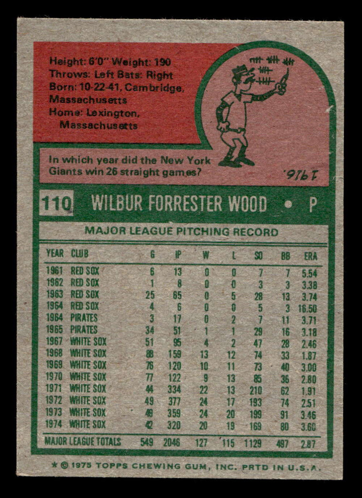 1975 Topps Mini #110 Wilbur Wood Excellent+ MINI 
