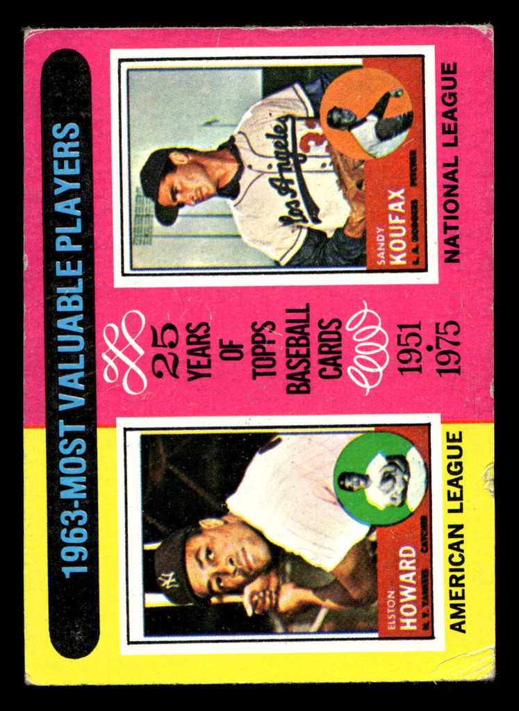 1975 Topps Mini #201 1963 's Elston Howard/Sandy Koufax MVP Very Good MINI 