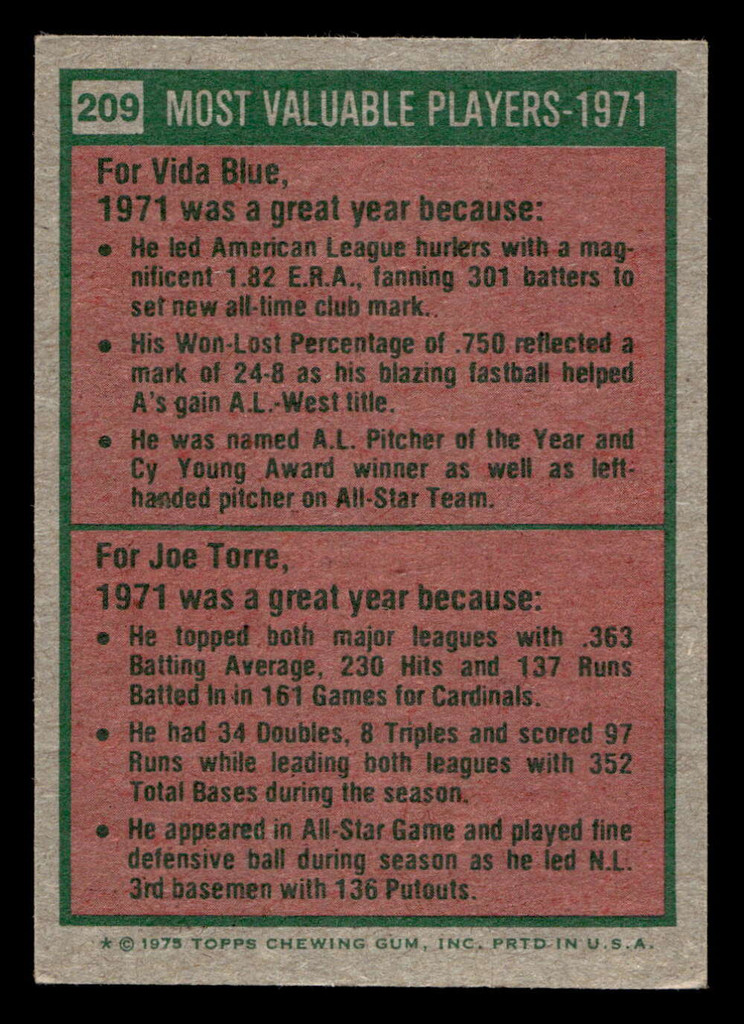 1975 Topps Mini #209 1971 's Vida Blue/Joe Torre MVP Excellent+ MINI 