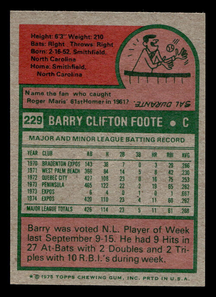 1975 Topps Mini #229 Barry Foote Ex-Mint MINI  ID: 514253