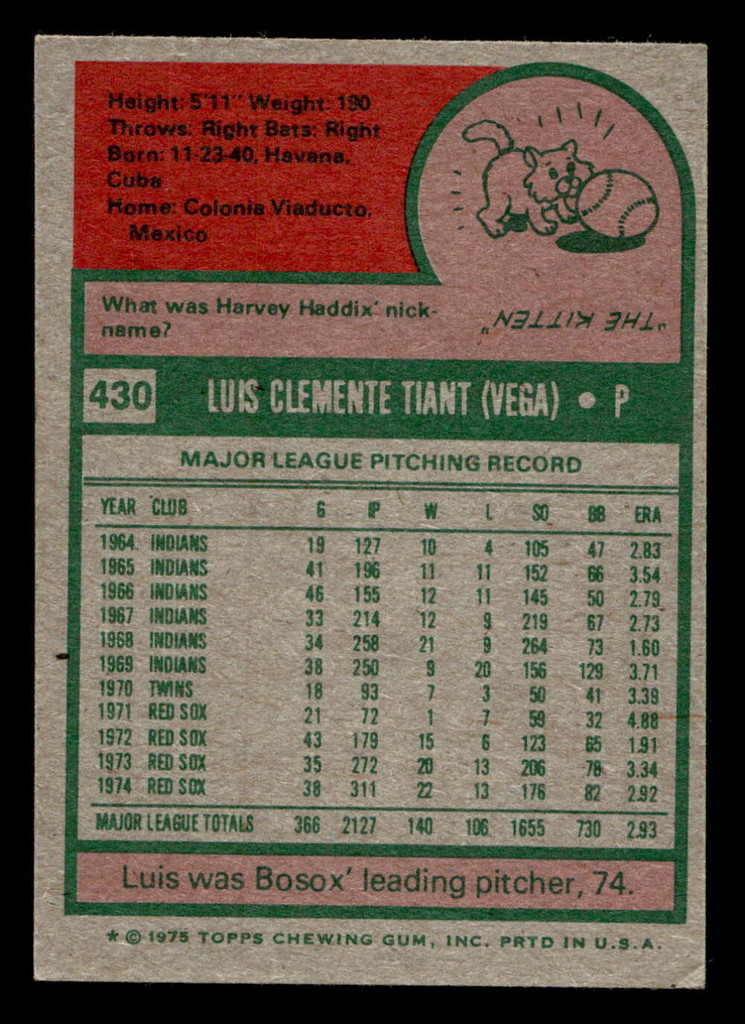 1975 Topps Mini #430 Luis Tiant Ex-Mint MINI 