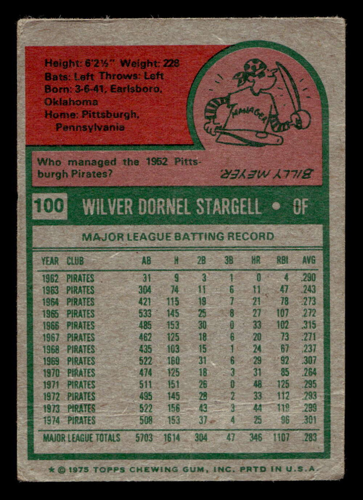 1975 Topps Mini #100 Willie Stargell Poor MINI 